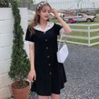 Short-sleeve Lace Trim Buttoned A-line Mini Dress