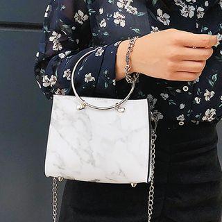 Marble Print Hoop Handle Handbag With Pouch