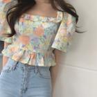 Short-sleeve Floral Print Frill Trim Cropped Blouse