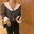 Long-sleeve Floral Print Frill Trim Buttoned Blouse Black - One Size