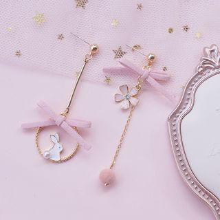 Non-matching Bow Alloy Flower & Rabbit Dangle Earring