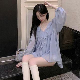 Set: Long-sleeve V-neck Ruffled Blouse + Camisole