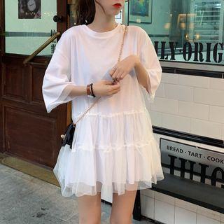 Elbow-sleeve Mesh Panel Tiered Mini Dress