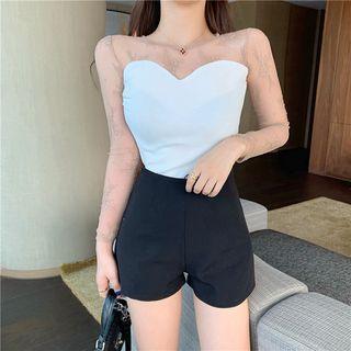 Mock Two Piece Polka Dot Mesh Panel Top