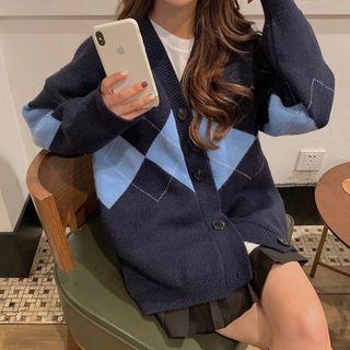Argyle Long-sleeve Knit Cardigan Navy Blue - One Size