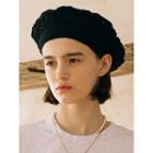 Flower-pattern Crochet Beret Black - One Size