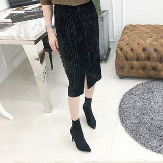 Smocked Velvet H-line Midi Skirt