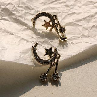 Rhinestone Moon & Star Fringed Earring 1 Pair - Silver Earring - One Size