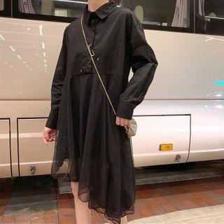 Mesh Overlay A-line Shirtdress