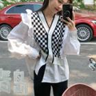 Mock Two-piece Long-sleeve Ruffled Checkered Knit Panel Blouse Black & White - One Size