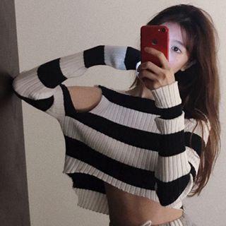 Cold-shoulder Striped Cropped Knit Top As Shown In Figure - One Size