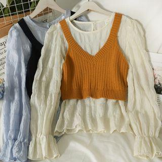 Set: Bell-sleeve Loose Blouse + Knit Vest