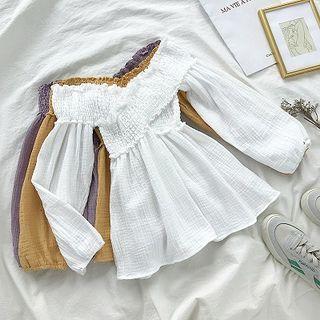 Plain Off-shoulder Frilled Long-sleeve Top