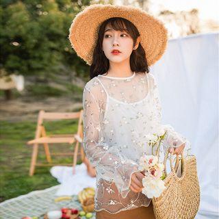 Set: Floral Long-sleeve Top + Strappy A-line Midi Dress