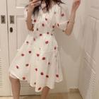 Puff-sleeve Strawberry Print A-line Dress
