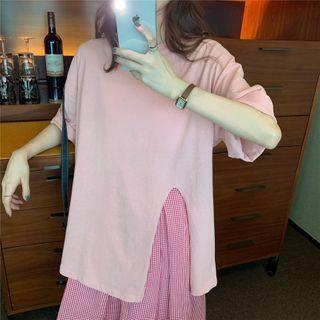 Side-slit Elbow-sleeve T-shirt / Plaid Midi A-line Skirt