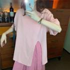 Side-slit Elbow-sleeve T-shirt / Plaid Midi A-line Skirt