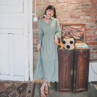 Long-sleeve Eyelet Lace Midi Smock Dress