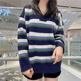 V-neck Long Sleeve Striped Sweater