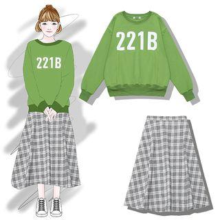 Lettering Pullover / Plaid A-line Midi Skirt