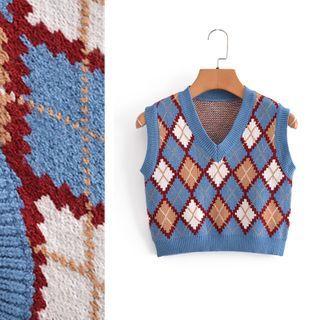 Argyle Sweater Vest 9617 - Ash Blue & Khaki - One Size