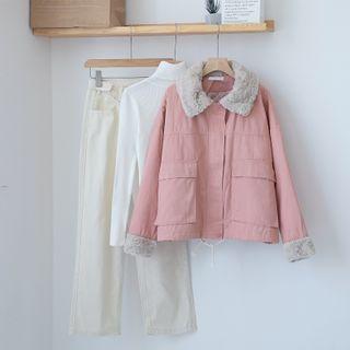 Zip-up Cargo Jacket / Straight-cut Jeans / Long-sleeve Mock-neck Top