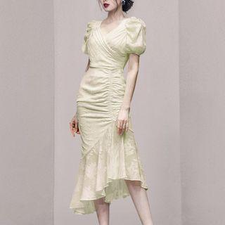 Puff-sleeve Ruffle Hem Asymmetrical Midi Sheath Dress