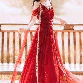 Cold Shoulder Lace Trim Maxi A-line Dress