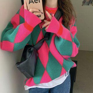 Color Block Diamond Round-neck Sweater As Shown In Figure - One Size