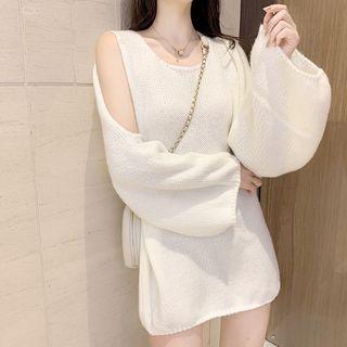 Set: Crew-neck Sleeveless Knit Dress + Open Front Crop Knit Jacket White - One Size