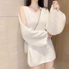 Set: Crew-neck Sleeveless Knit Dress + Open Front Crop Knit Jacket White - One Size