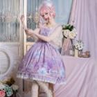 Flower Print Pinafore Dress / Lace Short-sleeve Blouse / Set