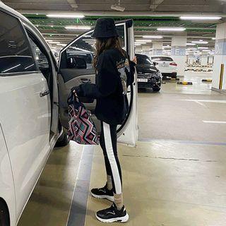 Color-block Napped Leggings Black - One Size