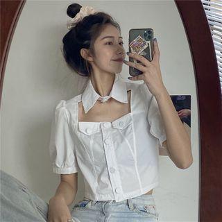 Puff-sleeve Cropped Shirt White - One Size