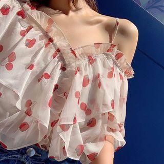 Off-shoulder Strawberry Printed Ruffle Blouse