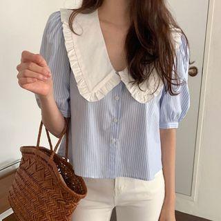 Short-sleeve Wide Collar Striped Blouse