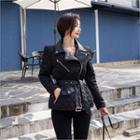 Faux-leather Trim Quilted Jacket With Belt