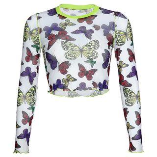 Butterfly Print Long-sleeve Crop Top