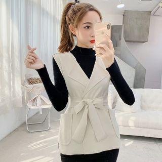 Tie-waist Vest / Mock Turtleneck Long-sleeve Knit Top / Set