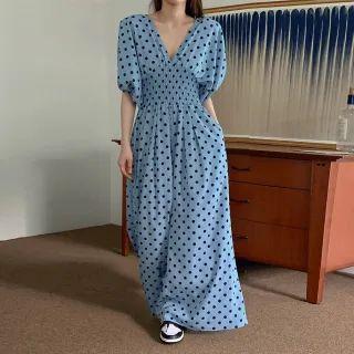 Balloon-sleeve Smocked Polka Dot Jumpsuit Sky Blue - One Size