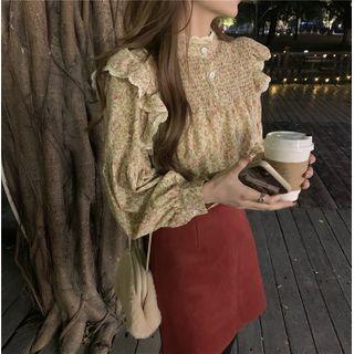 Lace Floral Print Long-sleeve Top + Plain A-line Mini Skirt