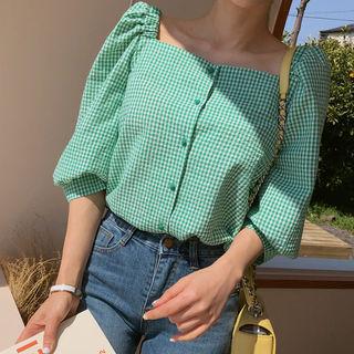 Square-neck Elbow-sleeve Check Blouse