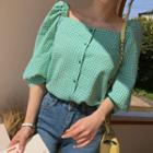Square-neck Elbow-sleeve Check Blouse