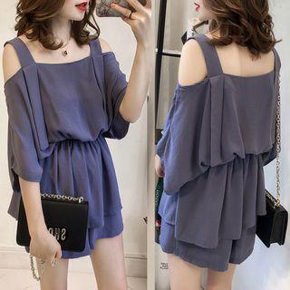 Set: Elbow-sleeve Cold-shoulder Tie-waist Top + Plain Wide-leg Shorts
