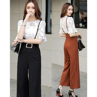 Set: Elbow-sleeve Lace Top + Strappy Wide-leg Pants