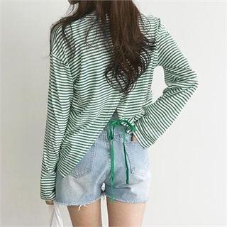 Beribboned Slit-back Striped T-shirt