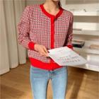Round-neck Pattern Cardigan Red - One Size