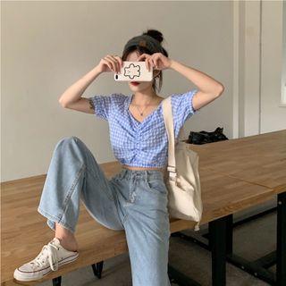 Short-sleeve Ruffled Plaid Cropped Top