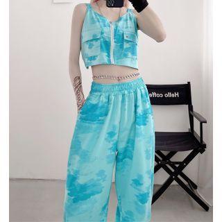 Tie-dye Zip Cropped Tank Top / Drawstring Hem Sweatpants