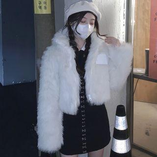 Long-sleeve Contrast Collar Mini Bodycon Dress / Fluffy Cropped Jacket